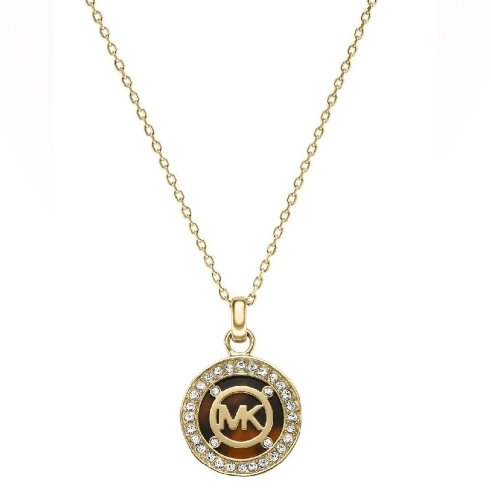 Michael Kors Gold Chain Crystal Pave Disk Tortoise Charm Necklace